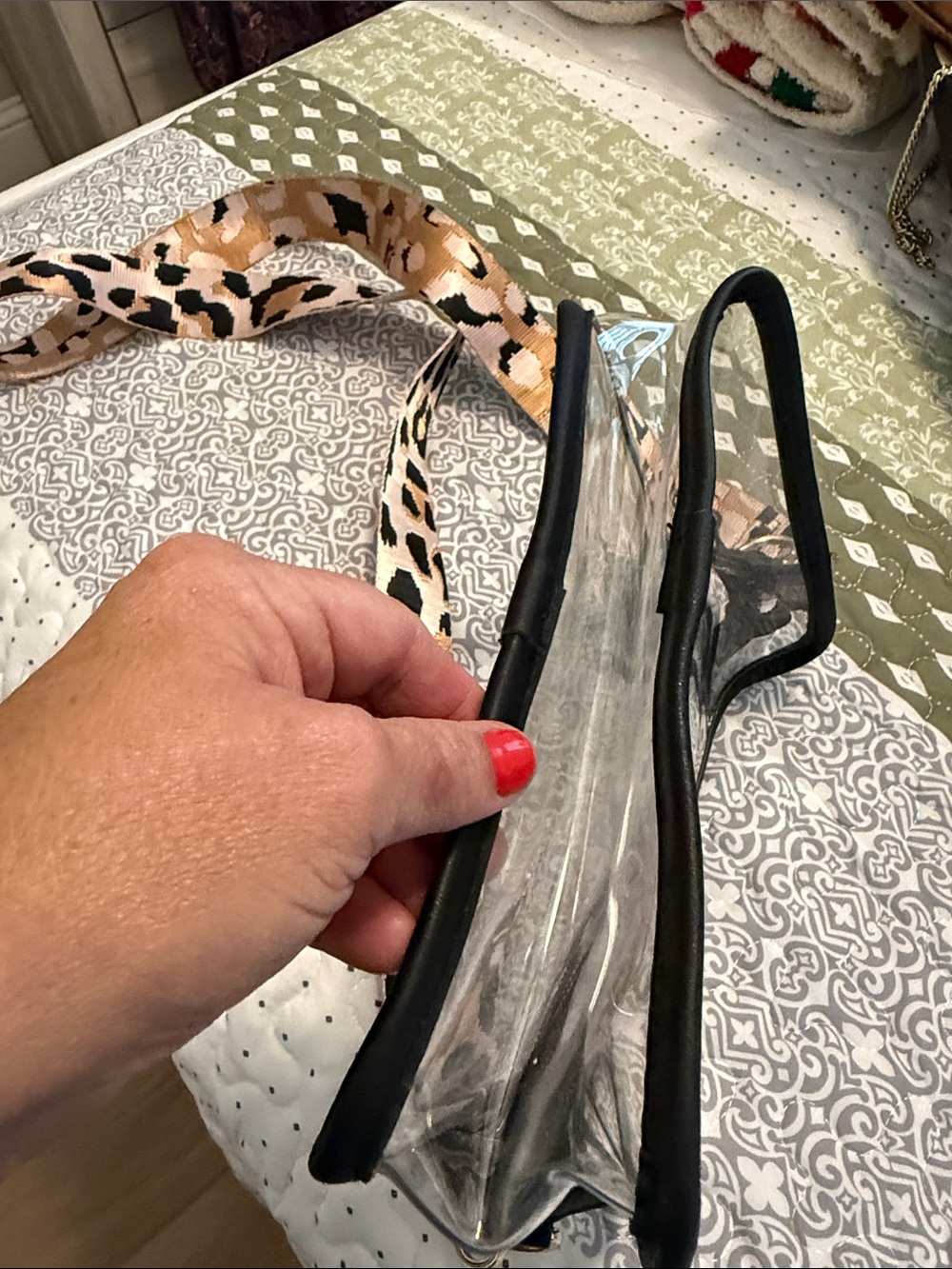 Clear Crossbody Bag with Leopard Print Strap - Black Trim - Picture 3 of 7
